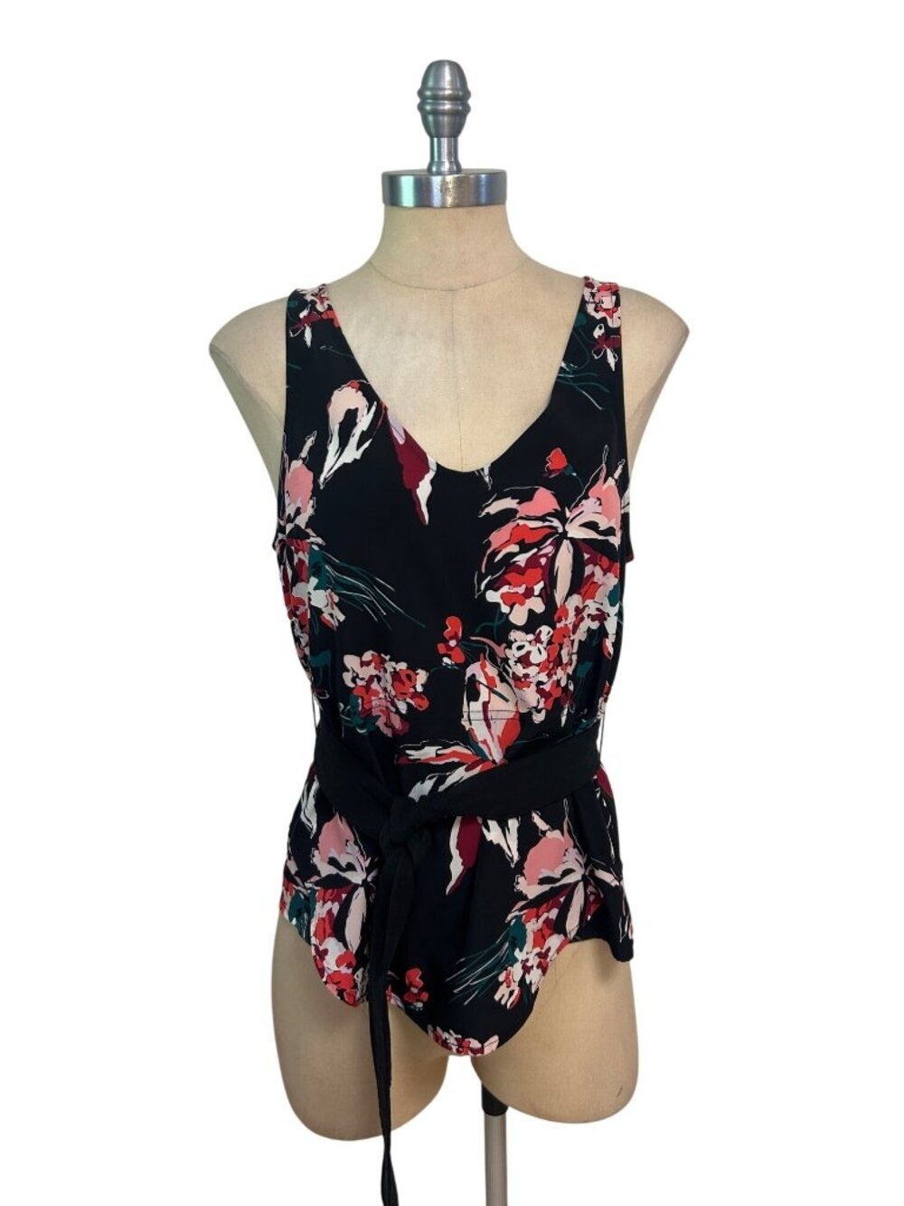 Derek Lam x Athleta Womens Black Floral Sleeveless Wrap Tie Blouse Top Small